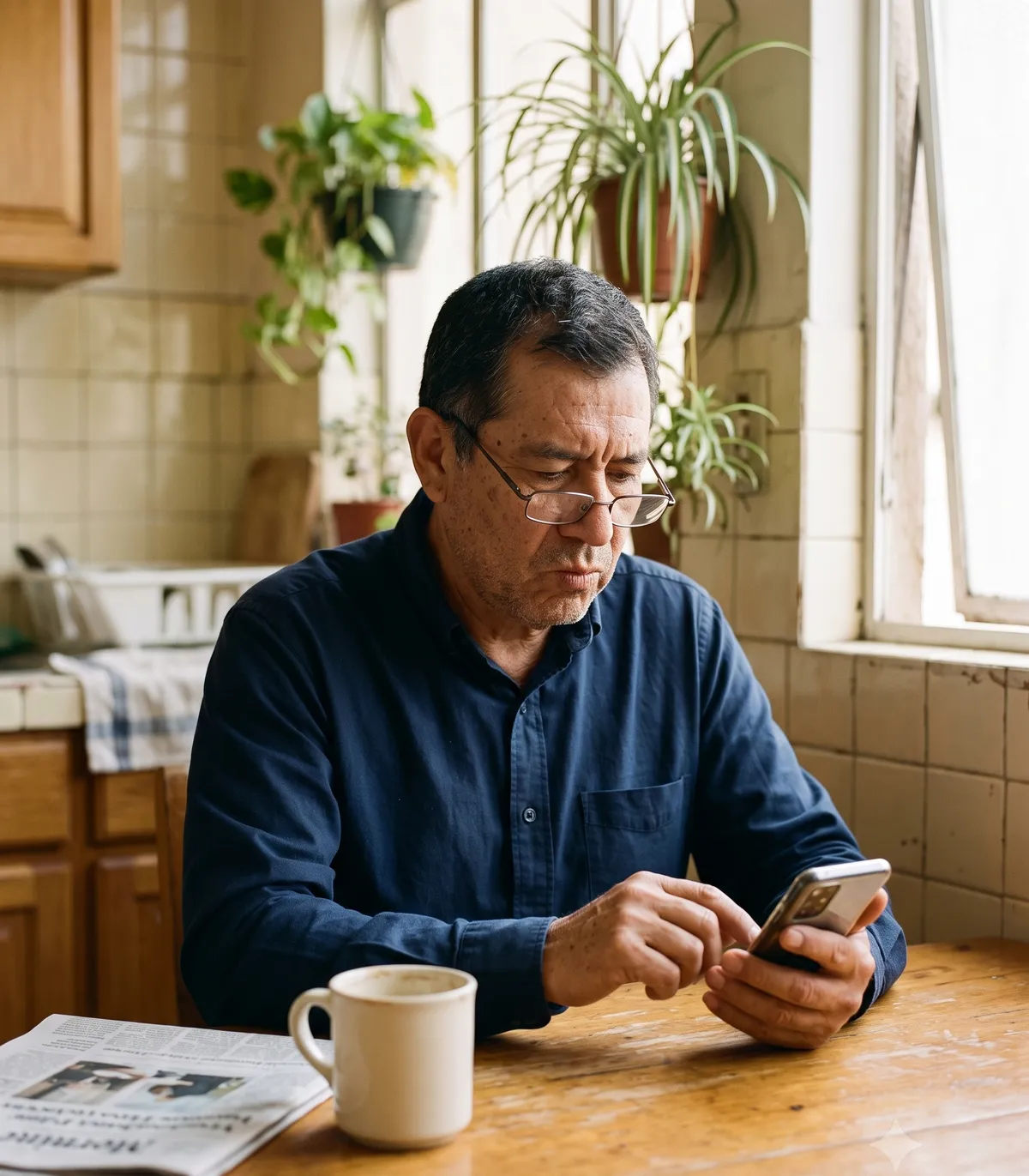 Un hombre consulta tranquilo su teléfono en la cocina de su casa.